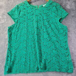 Liz Claiborne‎ Womens XL Green Lace Overlay Top Short Sleeve Floral Classic
